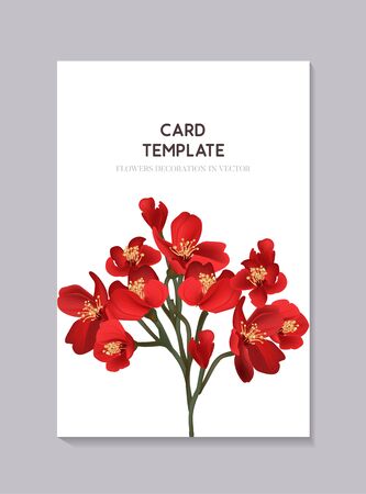 Floral red wedding invitation card template design, hand-drawn 3d realistic bloom with tender flower branch. Simple flower invitation template, botanical bloom artのイラスト素材