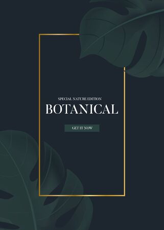 Monstera on dark background, modern 3d realistic greeting card, tropical contrast planner, brochure, summer exotic flyer,  paradise exotic template in vector with gold frame.のイラスト素材