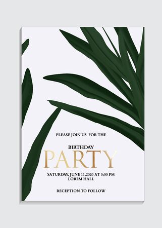 Hand drawn palm leaves Tropical dark green design with gold elements, invitation card template design.のイラスト素材