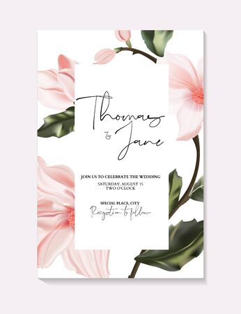 Wedding invitation frame composition with flowers, leaves, watercolor, minimal vector. Sketched realistic wreath, floral and herbs garland with rose, green, greenery color, party design.のイラスト素材