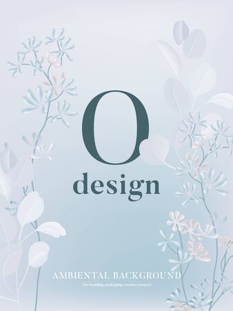 Tender leaves and flowers on light blue background. Winter bloom holiday card, poster template, soft blue vintage card. Eucaluptys flowers and various white leaves.のイラスト素材