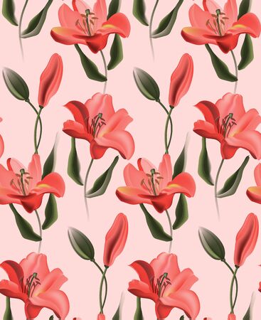 Coral lily, red calla or contrast tulip flowers on pink background. Kitchen decoration with realistic paradise plants. African contrast template, tropical decoration, seamless bouquet.のイラスト素材
