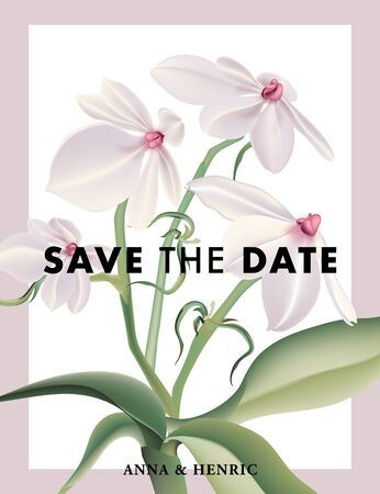 Flower Save the date card with realistic Aerangis luteo alba. Rustic bridal illustration graphic design template. Boho holiday greeting paper stationery advertising poster. Vector.のイラスト素材