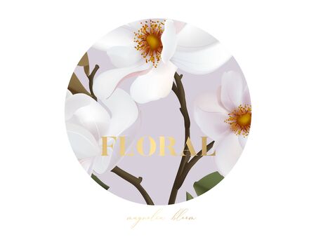 Magnolia realistic vector flower card with gold text, wedding design, holiday greeting postcard composition. Wild rose flower bouquet horizontal circle design in vector.のイラスト素材