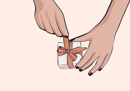 Woman hands opening jewelry wrapped gift with bow. Present cartoon illustration, holiday design with surprise, marriage proposal box, giveaway cartoon vector  illustration .のイラスト素材