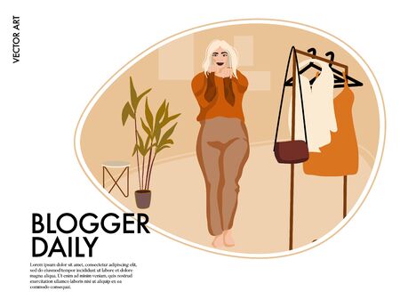 Fashion video blogger , woman with wardrobe illustration. Cartoon character at home dressing in shopping apparel . Online shopping vector art.のイラスト素材