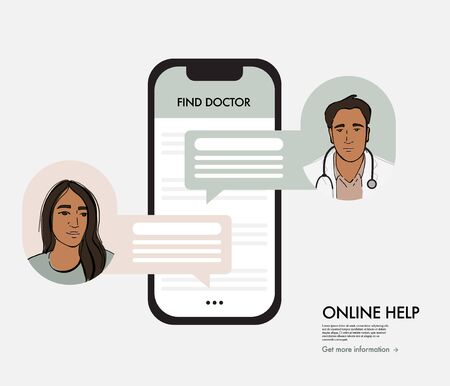 Online doctor consultation support. Virtual medical call and chat, mobile appointment set up. Healthcare distance therapy web template. Doctor consultation, internet nursing .Carton concept in vector.のイラスト素材