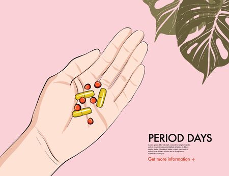 Medical pills on hand, pain killer, pharmacy capsules, tablets, supplements, hormone pills vector illustration. Anti pain drugs, stop infection art, period addiction drugs. Beauty drawing.のイラスト素材