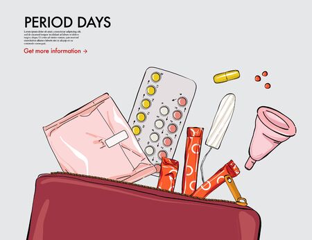 Oral contraceptive, tampons, pads, cup, pillls in beauty purse, pperiod illustration. Menstruation cycle woman medical art. Hand-drawn vector treatment design, monthly cycle drugs. のイラスト素材