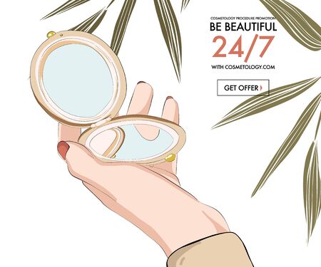 Woman hand holding beauty mirror, fashion style vintage illustration, cosmetolog promotion, summer beauty, cosmetics sale, advertising, banner, header, hand drawn sketch.  Social media post .のイラスト素材