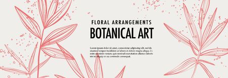 Palm leaves outline, hand drawn foliage sketch, jungle wide advertising header. Nature party design, summer sale graphic in vector.のイラスト素材