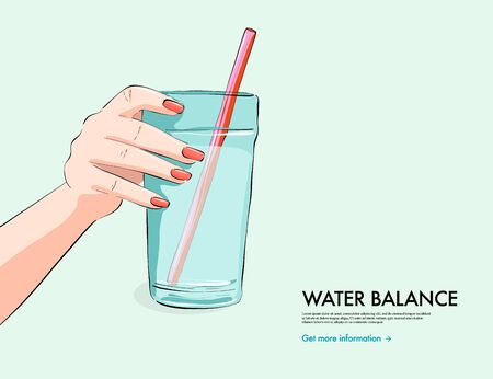 Woman holding  glass of water, water hydration illustration, summer water balance wellbeing  illustration. Vector flat art.のイラスト素材