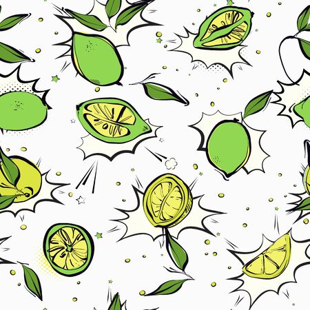 Lime slices seamless  pattern, oganic lemon anti virus ,microbe, flu vitamin food. Healthy fruit illustration . Vector.のイラスト素材
