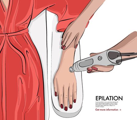 Laser epilation, natural hand  shaving in spa salon, beauty female procedure advertising. Hair removal, shaving, self care body skin treatment sketch, medical healthy procedure, peeling  vector.のイラスト素材