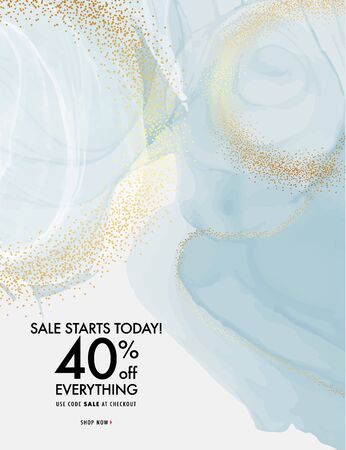 GOld foil glitter marble blue background, abstract liquid stripe gradient pattern, splatter stone texture. Fluid art design cover, presentation, invitation, flyer,  poster, business card in vector.のイラスト素材