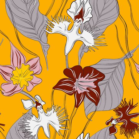 Orchids with leaves floral wallpaper, seamless pattern design. Botanical vintage Contrast tropical backgroung. Spring summer plant, nature decoration in vector, yellow, grey colors.のイラスト素材