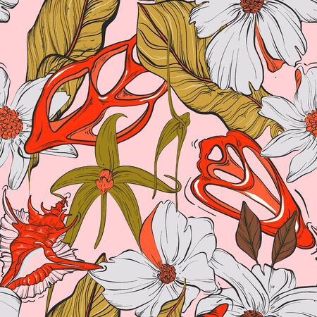 Watercolor floral Abstract seamless pattern with leaf,  flower, seashell. Vintage background. Macro wild herbs florals vector fabric, wrapping paper, wall art, futniture print, paper drawing sketch.のイラスト素材