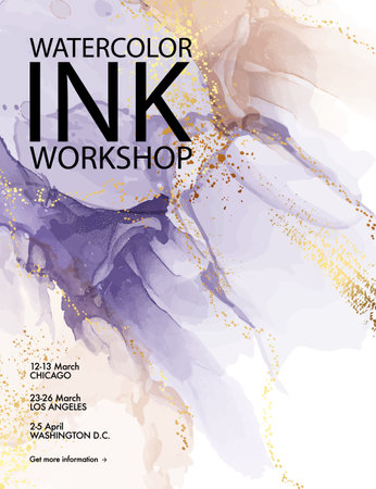 Purple beige watercolor ink background. Purple vintage fluid art template. Modern flyer, poster, resin art acrylic shape banner. Stain alcohol ink business template, workshop advertising.のイラスト素材