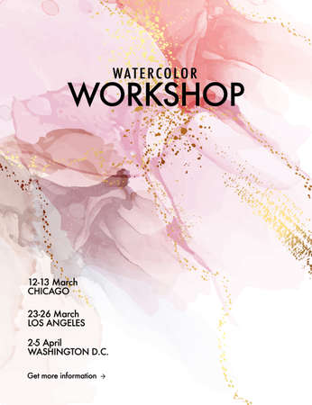 Watercolor gold foil illustration. Colorful romantic ink element marble watercolor, violet texturewith gold sparkle. Business template, poster, fine art, vector.のイラスト素材