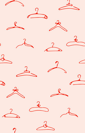 Shop outlet boutique design. Retail hangers seamless illustration,  repeat handmade pattern, discount craft wrapping paper, branding elements, fashion consumer art in red pink female colors.のイラスト素材