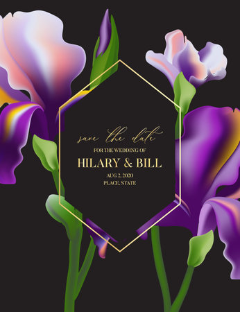Watercolor irises  invitation card, elegant wedding bouquet, beauty floral poster, mothers day gift,  wedding invitation, rsvp card, custom ceremony template with gold foil elements. Vector art.のイラスト素材