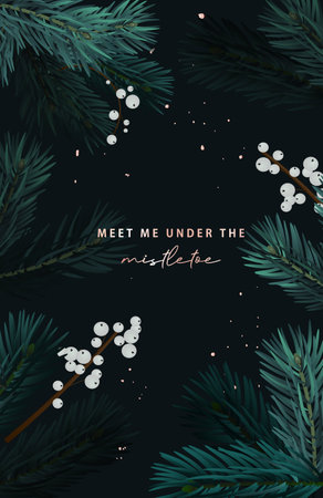Christmas tree with misletoe white berries festive holidays background. Winter party invitation, banner, advertising, sale poster, greeting card, chic boho event poster  in vectorのイラスト素材