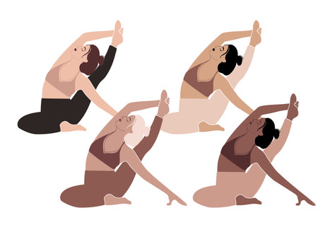 Yoga pose diversity wome class. Poeple sport characters, Indoor class. Black woman activity  illustration. Young fitness group meditating, pilates activity  vector designのイラスト素材