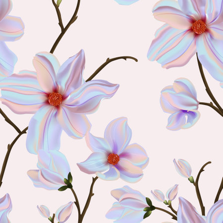 Magnolia violet  background, vector seamless flower print, floral plant arrangements. Tender garden bloom .のイラスト素材