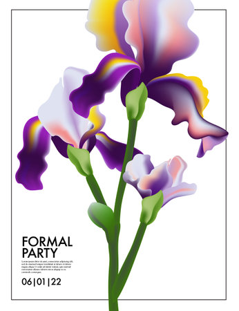 Iris flower wedding card. Irises Blooming floral violet summer plant, nature purple greeting, Save tha date party card. Garden frame Delicate beauty vibrant anniversary birthday card. Vector flora.のイラスト素材
