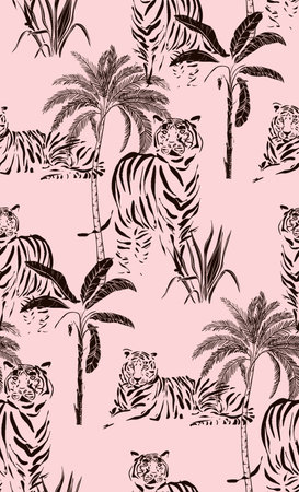 Tiger wild cat safari jungle pattern. Seamless design with palm trees, wild animals, nature plnats balack illustration. Hand-drawn doodle sketchのイラスト素材