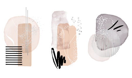 Watercolor abstract art shapes, circles frame, modern poster. Scandinavian collage. Blush pink house decoration. Pastel vectorのイラスト素材