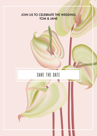 Watercolor Anthurium flower save the date card. Botanical flower print bouquet holiday greeting, big macro flora buds. Summer natural bloom. Vector wedding art.のイラスト素材