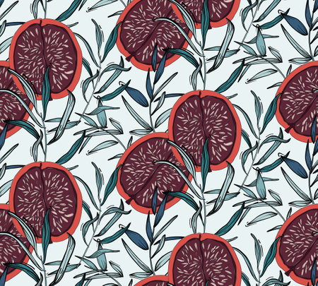 Floral pattern, leaves and Red pomegranate fig background. Botanical Seamless pattern, fashion...
