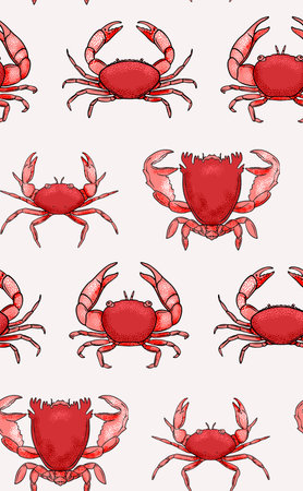 Crabs pattern, red seamless seafood repetition print. Ocean marine animal Summer  background. Underwater wild tropical decoration. Wild crabs wrapping paper.のイラスト素材