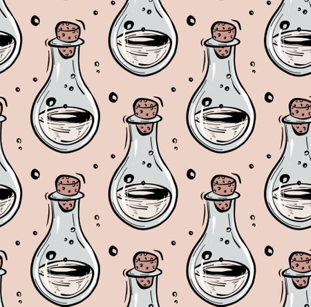 POison bottle liquid aemless pattern design. Elixir Vintage background. Hand-drawn tozic acid glass bottle, alchemy art. Antique witch occult death jar vectorのイラスト素材