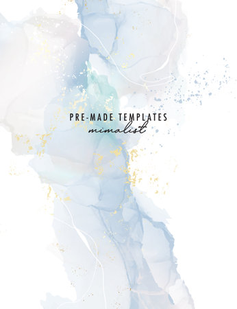 Blue abstract watercolor alcohol ink poster, wedding ivitation Elegant template, save the date card, pastel background with gold foil. Digital paper banner, wall art, poster, party invitation, voucherのイラスト素材