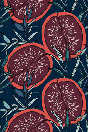 Floral pattern, leaves and Red pomegranate fig background. Botanical Seamless pattern, fashion texture, african motifs. Beach exotic summer collection, trendy jungle design. Vacation Rainforest art.の写真素材