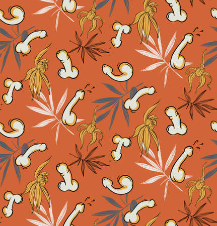 Floral penis funny seamlss pattern, vintage  spring summer  illustration male organ in flowers background. Tropical wallpaper leaf, nature repetition print, Retro fun graphic art.の写真素材