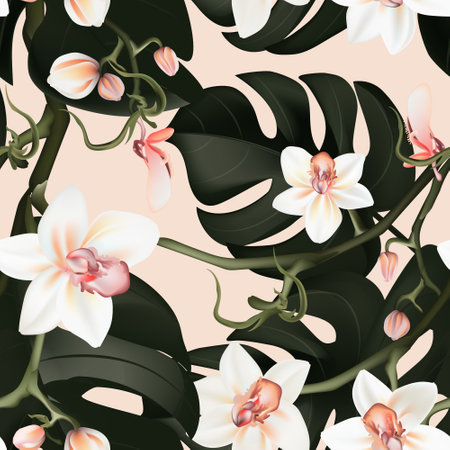Philadendron orchid monstera plant floral background. Flower bloom interior decoration, seamless print. Vector textile rose wallpaper, vintage fabrics .のイラスト素材