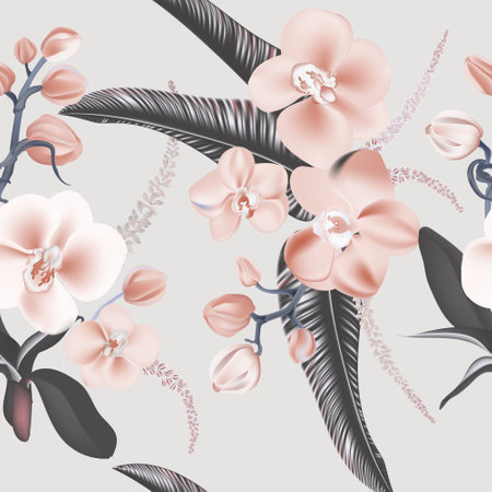 Grey orchids seamless design. Beauty tender flower print in grey pink colors. Wild garden floral design. Vector .の写真素材