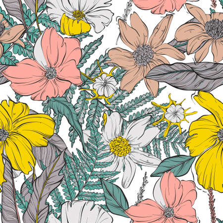 Garden flower bloom seamless pattern. Contrast various watercolor flowers, fern, leaves, petals bloom. Spring summer vector decoration, background, wallpaper. Wild herbs design.の写真素材