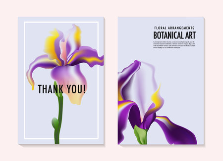 Watercolor Irises wedding invitatoin cards, greeting card onine template kit. Summer holiday art. Violet purple  Floral garden bouquet, bridal romantic custom design. Vector illustration.のイラスト素材
