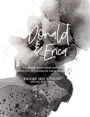 Abstract background acrylic ink pouring wedding invitation, custom save the date card with marble ink. Black digital paper design. Watercolor grey texture  in vectorの写真素材