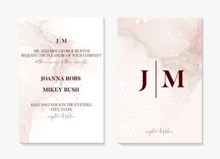 Wedding invitation card set, beige texture save the date card. Ivory posh elegant party invitation silver foil template, vintage holiday greeting birthday marble acrylic  painting pouring art  vectorの写真素材