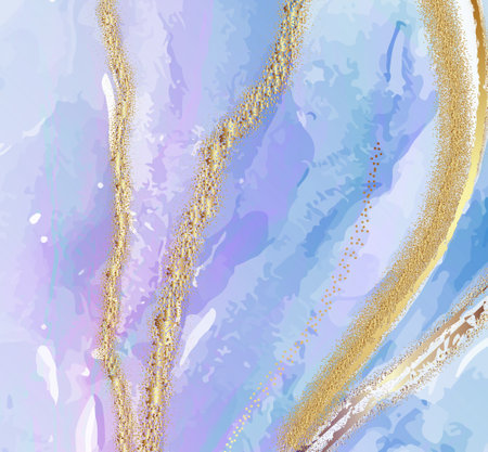Blue violet color watercolor  subtle sky resin art with gold sparkles. Vector pastel marble design wallpaper. Paint brush subtle  ocean design.の写真素材