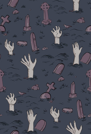 Haloween party horror seamless pattern. Spooky Dead monster hand out of grave on cementary, zombie silhouette illustration.  Scary trick or treat background. Night fear artの写真素材