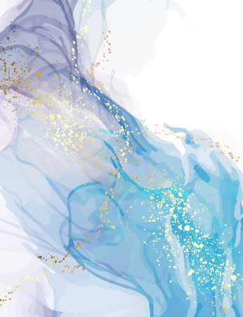 Blue watercolor abstract texture, alcohol ink background, digital paper with golden glitter seamless nursery paper vector design. Modern template grunge wallpaper  pastel vector.のイラスト素材