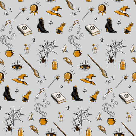 Witch Haloween october design, seamless pattern, baby vector background.  Hand-drawn  witch tools: broom, magic ball, shoes, spells, cauldron illustration.の写真素材