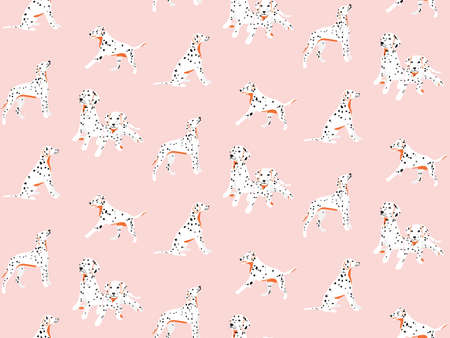Dalmatian seamless pattern, spotted white black puppy cartoon nursery  print. Pink cute drawing. Cute kawaii backgroundのイラスト素材
