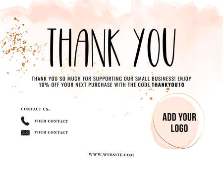 Thank You Card greeting, customer service tempalte thank you for purchase card , engaging promotion Voucher , post purchase insert  10 % off gift, review pink watercolor vectorのイラスト素材